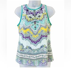 Nanette Lepore Beaded Sleeveless 100% Silk Blouse Teal Yellow Size 0